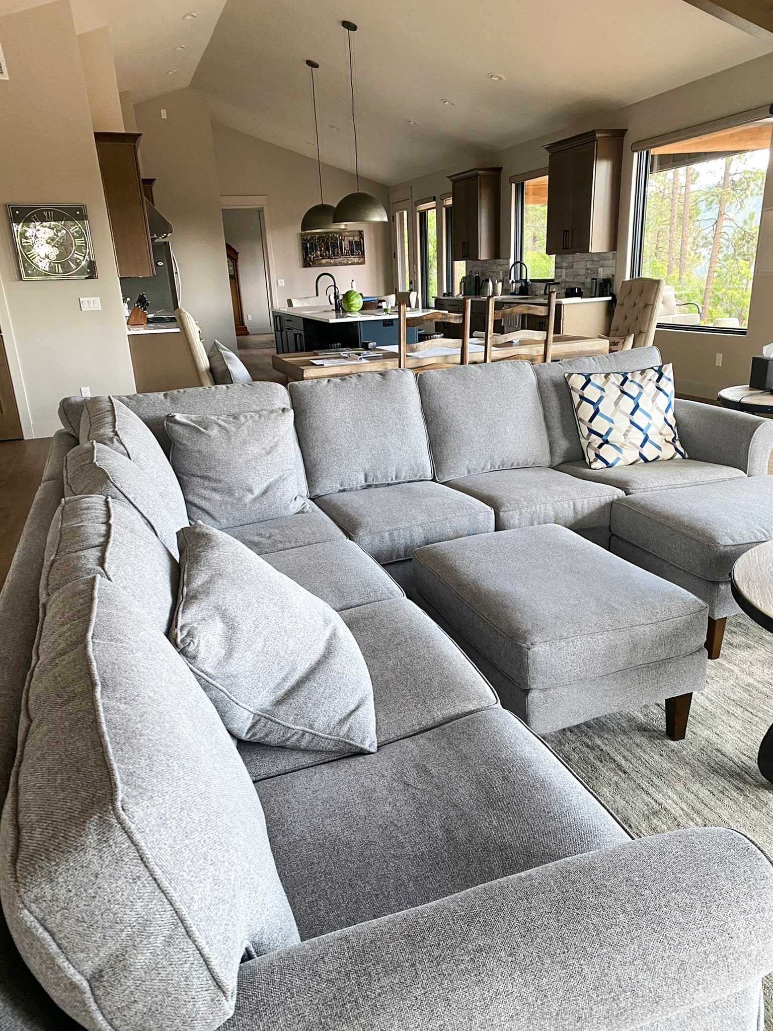 New construction open living-and-dining interior with custom window coverings — Durango, CO