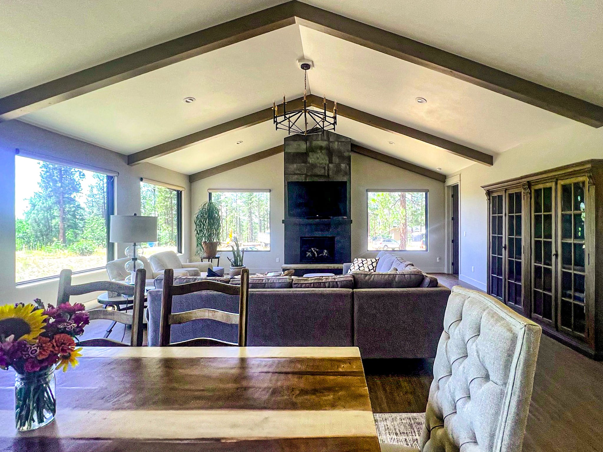 Incline Court living room with stone fireplace